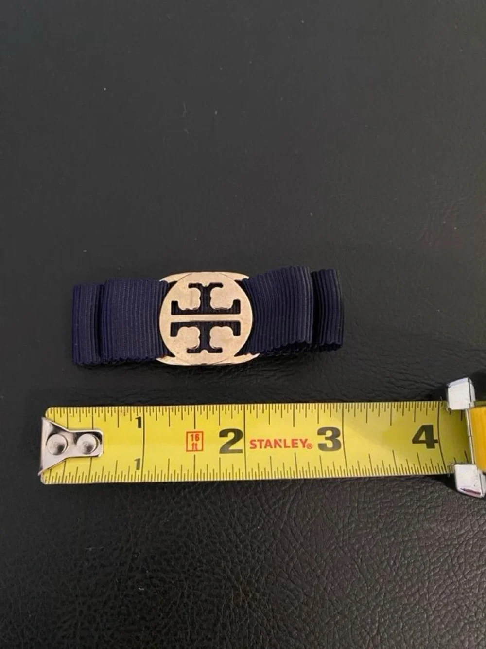 Tory Burch Navy Ribbon Hair Barrette with Gold Logo